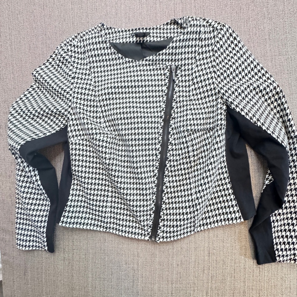 Lane Bryant Women Black White Houndstooth Asymmetric Zip Moto Jacket Blazer 14